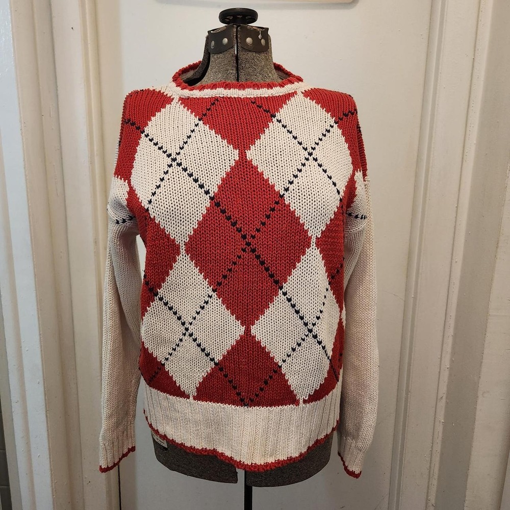 Vintage red, cream, and navy argyle knit sweater